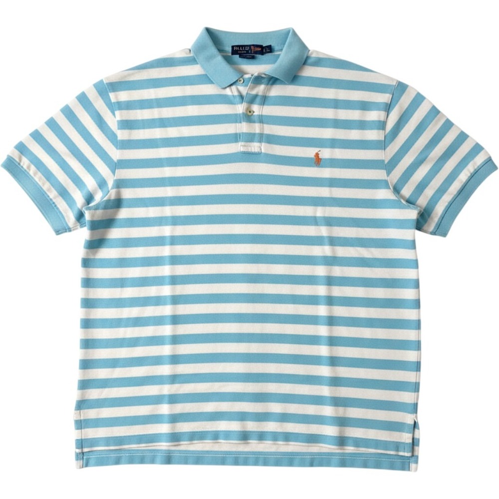 Polo Ralph Lauren Men XXL Blue White Striped Short Sleeve Polo Shirt Orange Pony - Picture 1 of 3